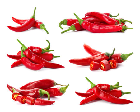 Set with fresh red chili peppers on white background