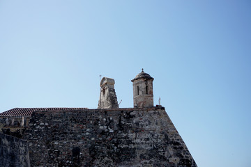 Amazing view of the castle "San Felipe", and old defense building in the old town of Cartagena with canyons and towers.    
