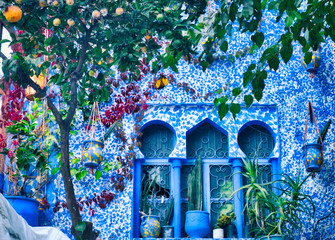 Naklejka premium Okna w stylu arabskim ozdobione doniczkami i drzewem mandarynki. Wizerunek brać w Chefchaouen, piękna wioska w północnym Maroko