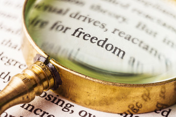 Word Freedom through a magnifying glass. Freedom concept.