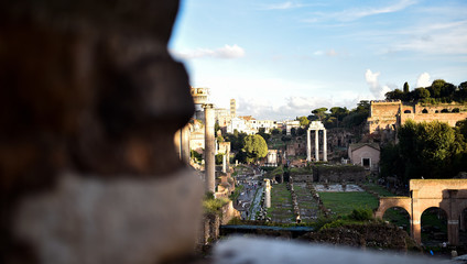 Ancient ruins of the Roman Forum. Ruins of Septimius Severus Arch and Saturn Temple, Rome, Italy.