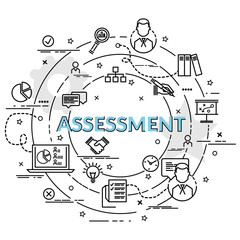 Flat colorful design concept for Assessment. Infographic idea of making creative products. Template for website banner, flyer and poster..