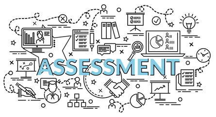 Flat colorful design concept for Assessment. Infographic idea of making creative products. Template for website banner, flyer and poster..