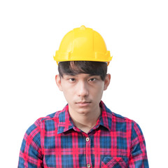 Engineer construction and wear yellow safety helmet plastic on white background