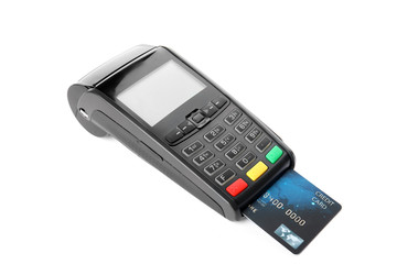 Modern payment terminal with credit card on white background