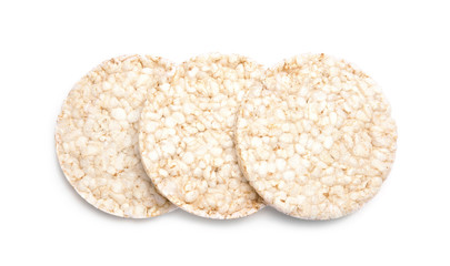Crunchy rice cakes on white background, top view
