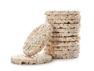 Crunchy rice cakes on white background. Healthy snack
