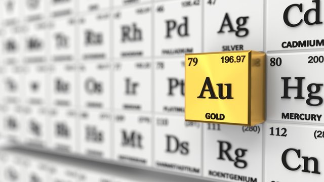 periodic table concept with white cubes. gold element selected, 3d illustration