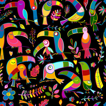 Toucans, paradise tropical bird. Seamless pattern for your design