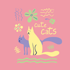 Vector concept  with cute cats,lines and flowers  in soft colors on a pink background, great for printing or textile design.Flat,hand drawn