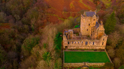 Aerial view of Medieval Castle Campbell ruin at Glen Dollar, Clackmannanshire, Scotland