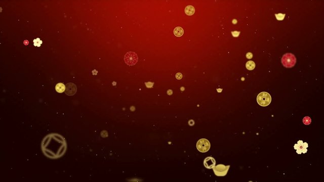 Happy Chinese New Year.Digital particles background with chinese ornament, cherry blossom flowers. Chinese coins , gold ingot for good luck, lucrative and prosperity.