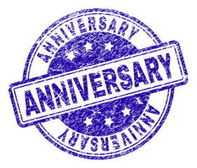 ANNIVERSARY stamp seal imprint with grunge texture. Designed with rounded rectangles and circles. Blue vector rubber print of ANNIVERSARY caption with dirty texture.