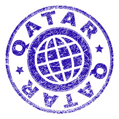 QATAR stamp print with grunge texture. Blue vector rubber seal print of QATAR caption with retro texture. Seal has words arranged by circle and globe symbol.