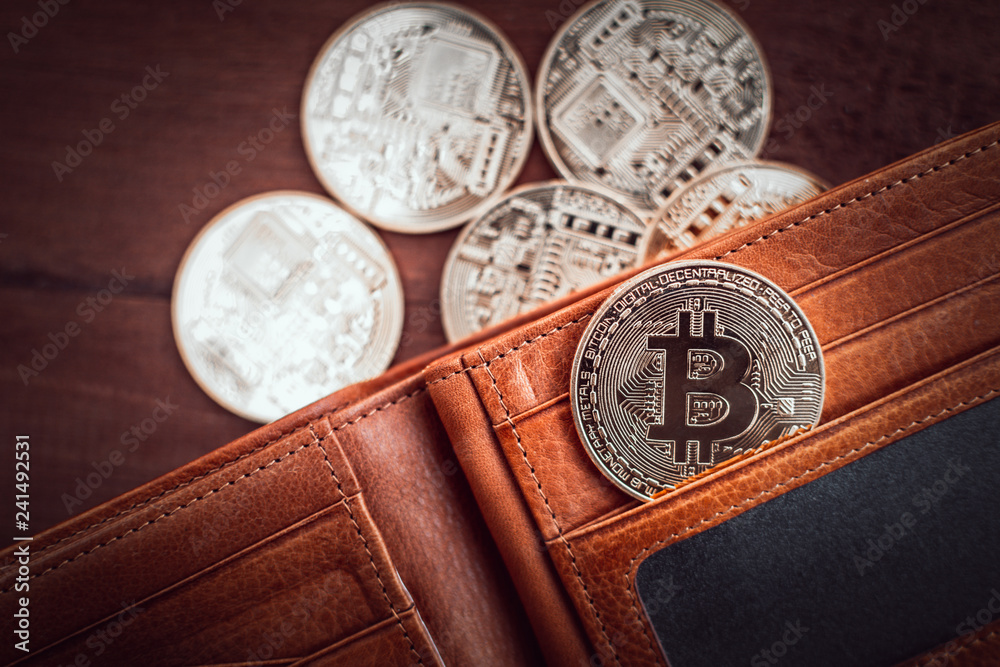 Poster Cryptocurrency Bitcoin. Digital money for banking and international network payment. Wallet with blockchain concept.