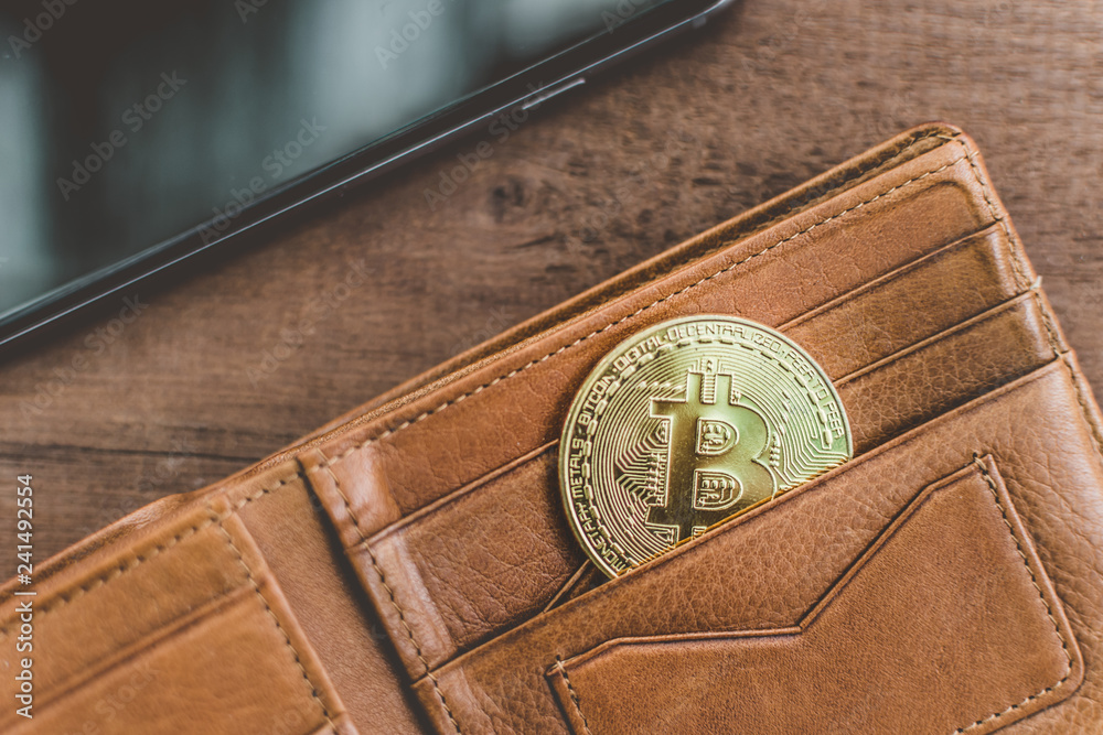 Poster Cryptocurrency Bitcoin. Digital money for banking and international network payment. Wallet with blockchain concept.