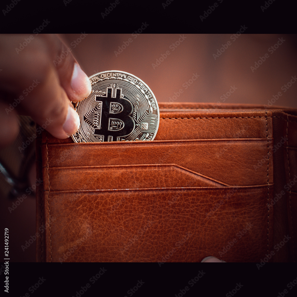 Poster Cryptocurrency Bitcoin. Digital money for banking and international network payment. Wallet with blockchain concept.