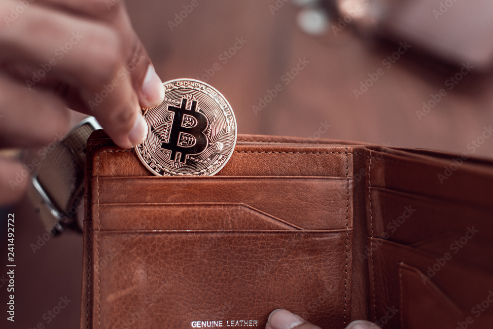 Poster Cryptocurrency Bitcoin. Digital money for banking and international network payment. Wallet with blockchain concept.