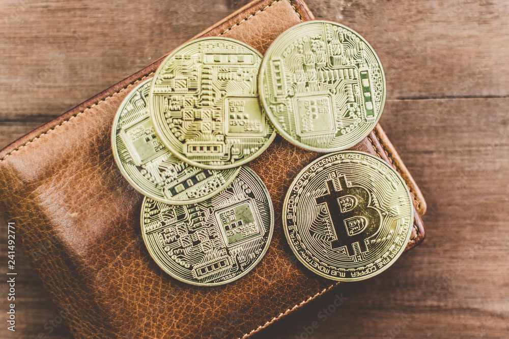 Poster Cryptocurrency Bitcoin. Digital money for banking and international network payment. Wallet with blockchain concept.