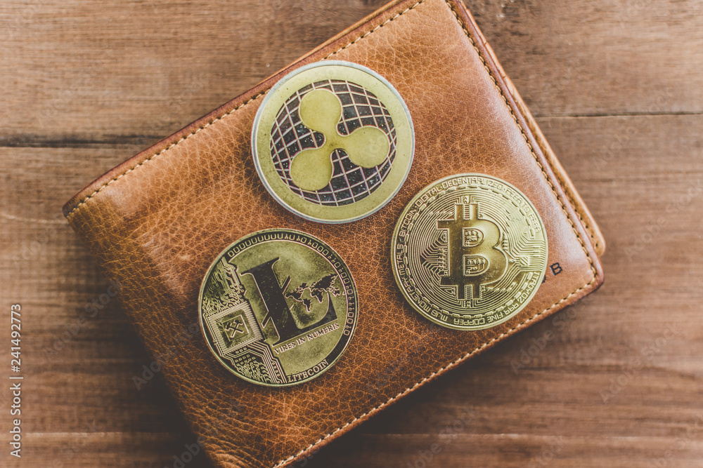 Poster Cryptocurrency Bitcoin. Digital money for banking and international network payment. Wallet with blockchain concept.