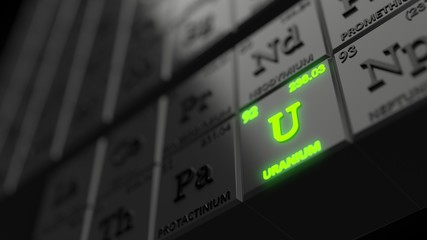 periodic table concept with black cubes. uranium element is glowing. 3d illustration © kmls