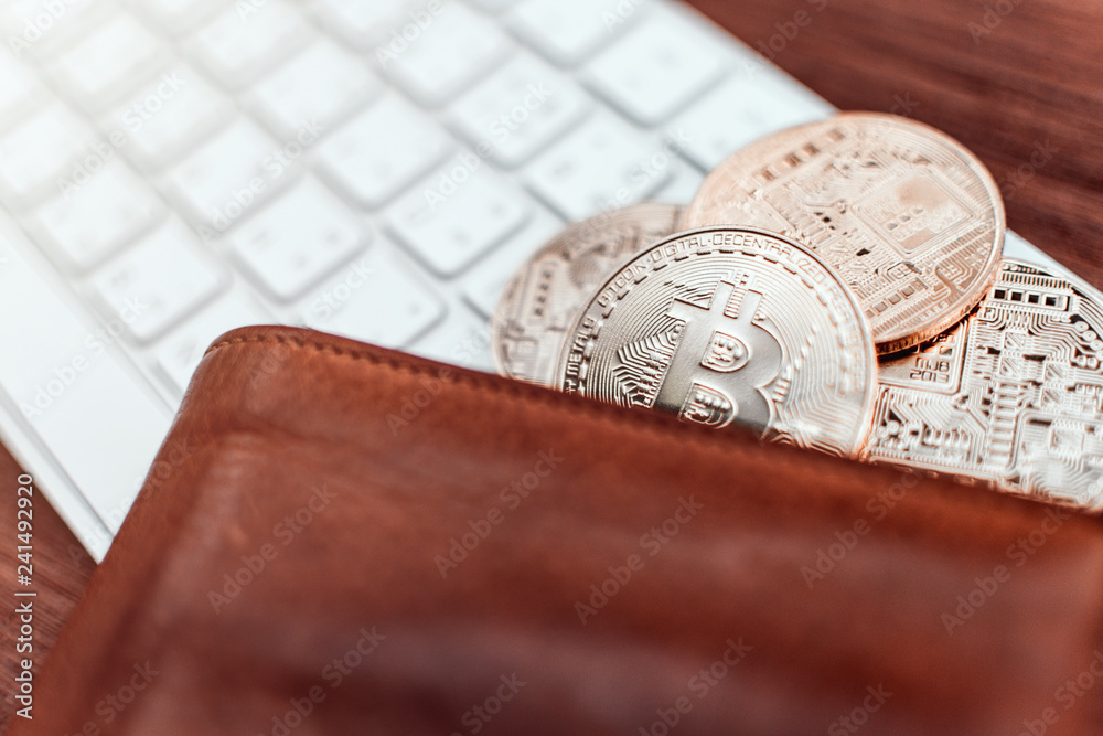 Poster Cryptocurrency Bitcoin. Digital money for banking and international network payment. Wallet with blockchain concept.