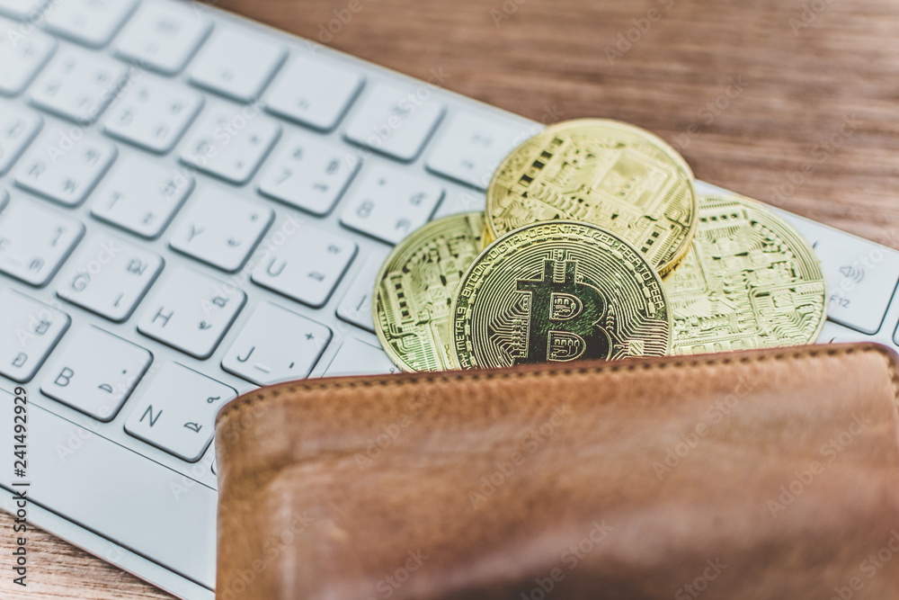 Poster Cryptocurrency Bitcoin. Digital money for banking and international network payment. Wallet with blockchain concept.