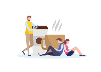 coffee time, coffee break. Flat cartoon miniature  illustration vector graphic on white background.