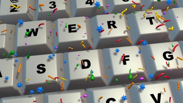Computer keyboard covered with germs, bacteria, viruses, microbes.Extreme close up, macro view.3d animation.