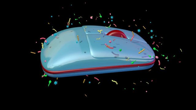 Computer mouse covered with germs, bacteria, viruses, microbes.Spreading outwards.3d animation. Black , white alpha matte included
