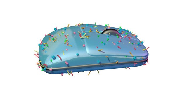 Computer mouse covered with germs, bacteria, viruses, microbes.Consistent population numbers during 3d  animation. Isolated on solid white background 