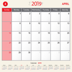April 2019 Calendar Monthly Planner of Pig Design