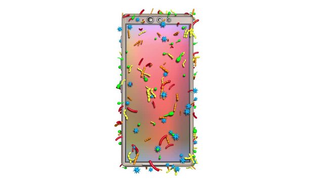 Smartphone covered with germs, bacteria, viruses, microbes.Confined to surface volume .3d animation. Isolated on solid white background