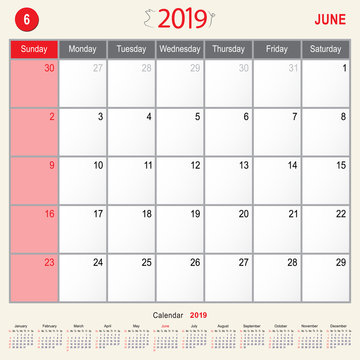 June 2019 Calendar Monthly Planner of Pig Design