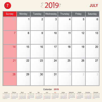 July 2019 Calendar Monthly Planner of Pig Design