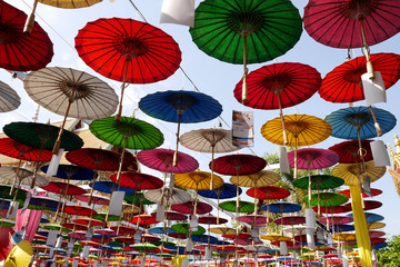 Fototapeta na wymiar Colorful display of umbrellas, Chiang Mai, Thailand. 