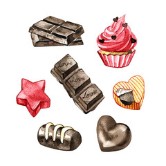 Watercolor chocolate candies isolated on a white background. Illustration set.