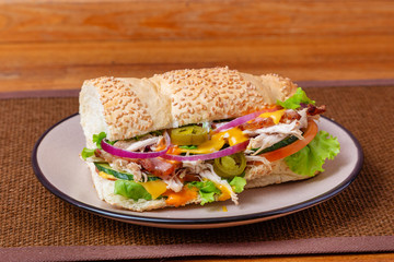 Sandwich, hamburger, with cheese, meat, sausage, lettuce, tomato, burger