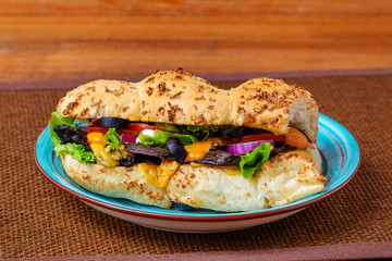 Sandwich, hamburger, with cheese, meat, sausage, lettuce, tomato, burger