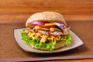 Sandwich, hamburger, with cheese, meat, sausage, lettuce, tomato, burger