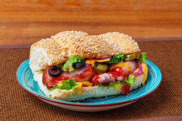 Sandwich, hamburger, with cheese, meat, sausage, lettuce, tomato, burger