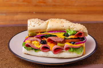 Sandwich, hamburger, with cheese, meat, sausage, lettuce, tomato, burger
