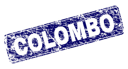 COLOMBO stamp seal print with grunge style. Seal shape is a rounded rectangle with frame. Blue vector rubber print of COLOMBO title with grunge style.