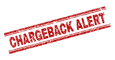 CHARGEBACK ALERT seal print with grunge style. Red vector rubber print of CHARGEBACK ALERT tag with dust texture. Text caption is placed between double parallel lines.