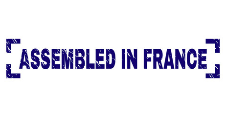 ASSEMBLED IN FRANCE caption seal print with corroded texture. Text label is placed between corners. Blue vector rubber print of ASSEMBLED IN FRANCE with dust texture.