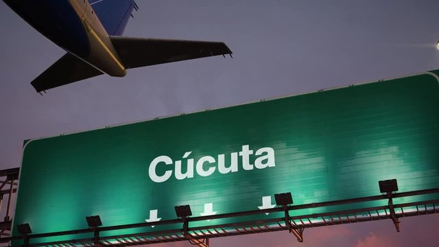 Airplane Take off Cucuta during a wonderful sunrise.spanish