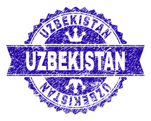 UZBEKISTAN rosette seal overlay with distress texture. Designed with round rosette, ribbon and small crowns. Blue vector rubber print of UZBEKISTAN label with unclean texture.