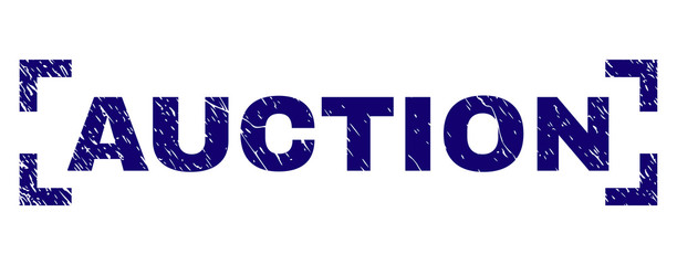 AUCTION text seal watermark with corroded style. Text label is placed inside corners. Blue vector rubber print of AUCTION with corroded texture.