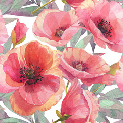 Seamless pattern with poppies. Watercolor illustration. Flower background. Floral wallpaper. 