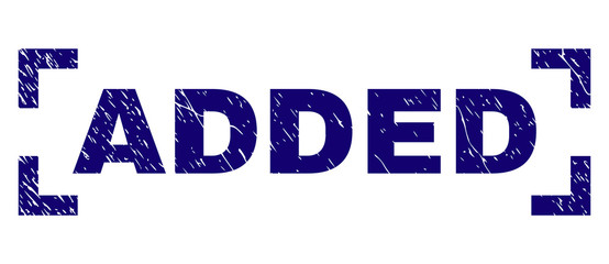ADDED text seal print with distress style. Text label is placed inside corners. Blue vector rubber print of ADDED with corroded texture.